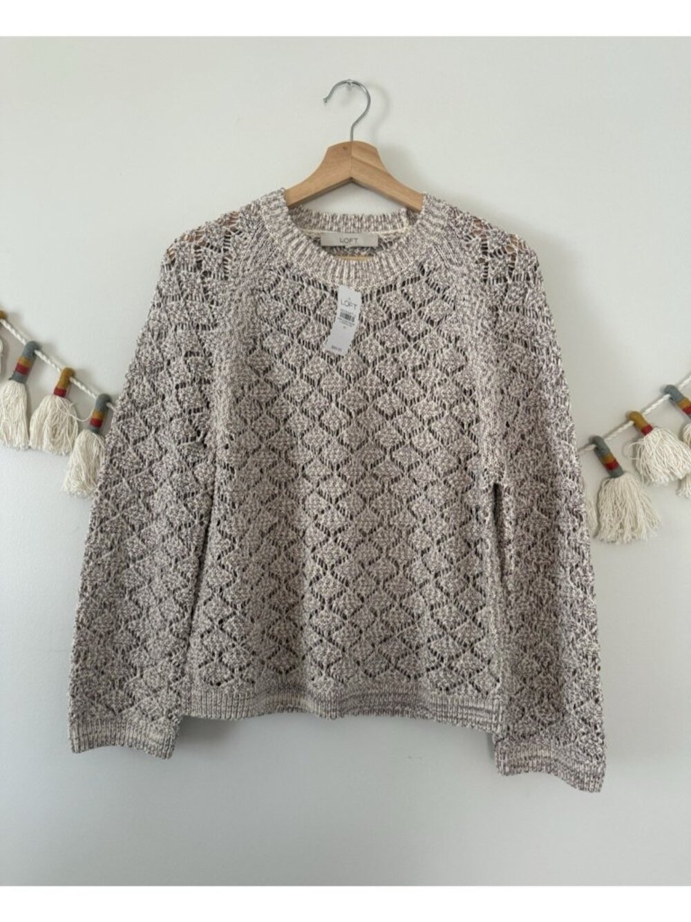Loft Diamond Open Knit Stitch Crewneck Multicolor Cotton Blend Sweater NWT M